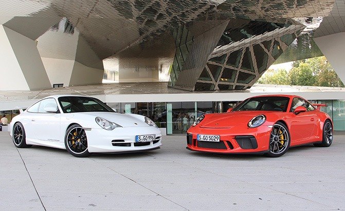 991 and 996 Porsche 911 GT3 at the Porsche Museum, Image: Jonathan Yarkony