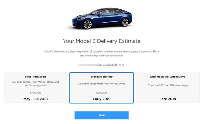 tesla model 3 delivery estimate