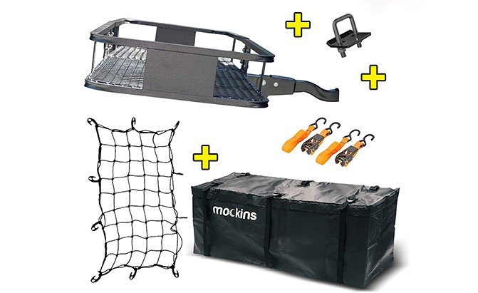 mockins hitch mount cargo carrier with cargo bag and net