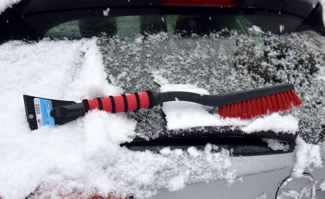 mallory snow brush on a Mazda CX-5 rear windshield, in the snow