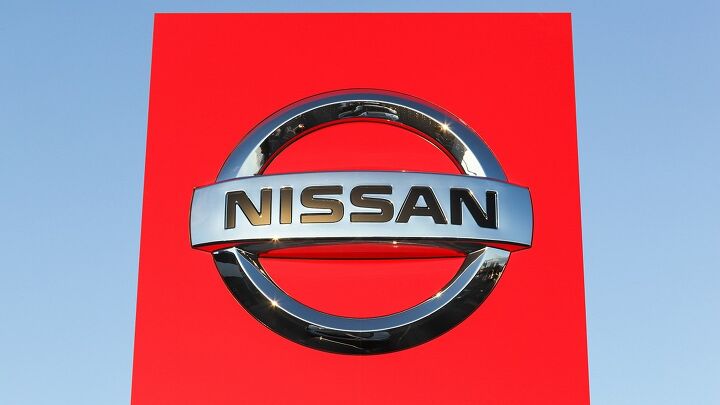 Nissan logo on a red panel.
