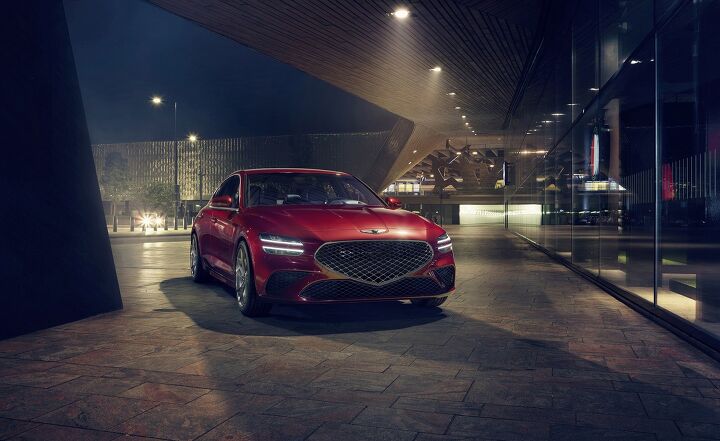 2022 Genesis G70 in red static front three-quarter