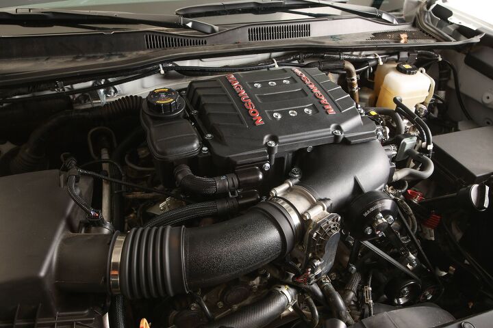 Under the hood of this Toyota Tacoma SEMA360 build, a Roots-type blower from Magnuson Superchargers was plopped atop the 3.5L V6 engine, boosting output to 370 horsepower and 330 lb.-ft of torque. 