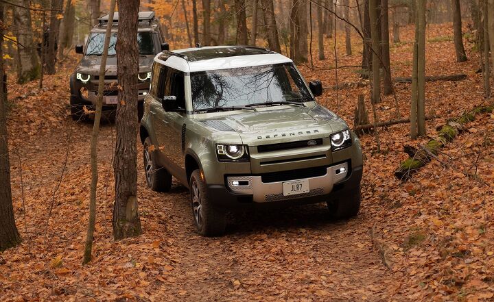2020 Land Rover Defender 110 First Drive Review in Pangea Green off-roading in the autumn