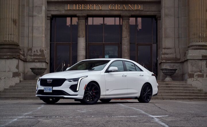 2020 Cadillac CT4-V in white static front three-quarter shot